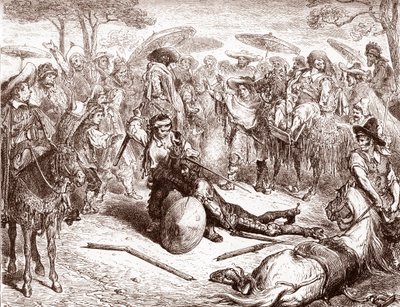 A toledói kereskedők látják, ahogy az egyik öszvérhajtójuk megveri Gustave Dore (1832-1883) Don Quijote-metszetét Miguel de Cervantes (1547-1616) „The Ingenieux Hidalgo Don Quijote Quijote” című 1863-as magángyűjteményéhez. alkotó: Gustave Dore