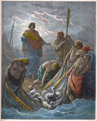 A halak csodás horgászata - Csodálatos halászat - - Gravírozás Gustave Dore (1832-1883) „The Bible illustree”-be - Metszet a „Dore Bibliából” alkotó: Gustave Dore