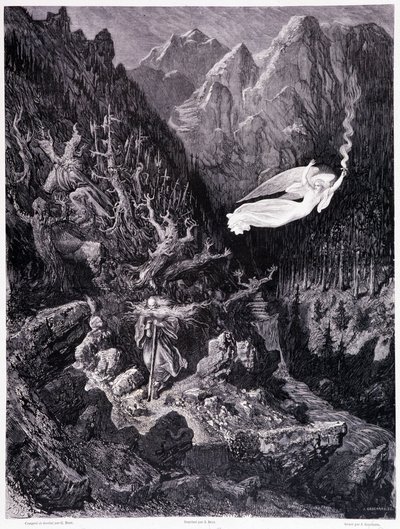 Az ellenséges tájon sétáló erszényt és botot tartó öregembert egy tűzsebességet lóbáló angyal veszi felül, VII. tábla – Gustave Dore (1832-1883) illusztrációja, a La legende du Jew vándorláshoz, Pierre Dupont, Edition Librairie du magasin p alkotó: Gustave Dore