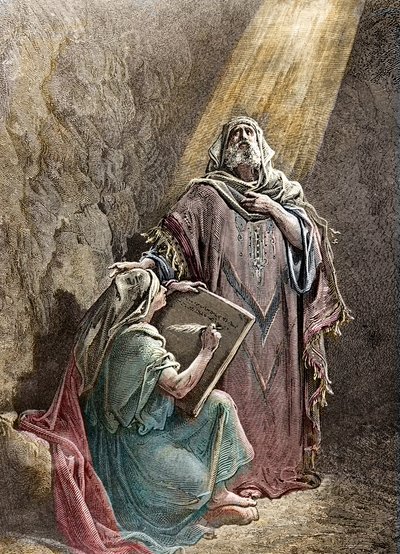 Jeremie próféta diktálja prófétáit Baruchnak - Pannemacker Colorisee metszete Gustave Dore (1832-1883) - Jeremiás (Kr. e. 650-585), héber próféta bibliájából. Jeremiás diktálja próféciáit Báruknak. Pannemaker metszete, A Bibl alkotó: Gustave Dore