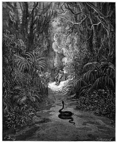 A kígyó Ádám és Éva felé tart. Gustave Dore illusztrációja John Milton (1608-1674) Elveszett Paradicsom című művéhez. Metszet 1866-ból. Magángyűjtemény alkotó: Gustave Dore