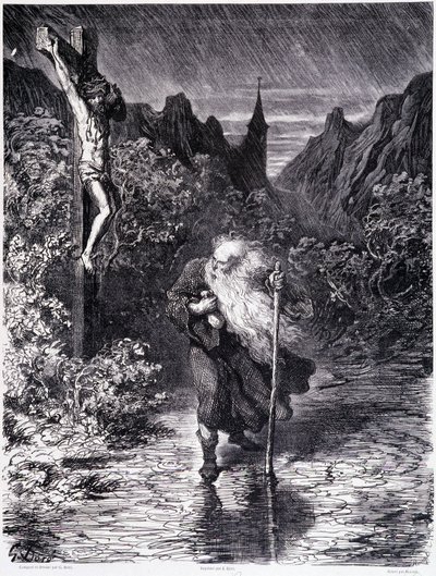 A vándor zsidó elhalad egy kálvária közelében – Gustave Doré, a Festői Áruház Könyvesboltja „A vándor zsidó legendája” című művében alkotó: Gustave Dore