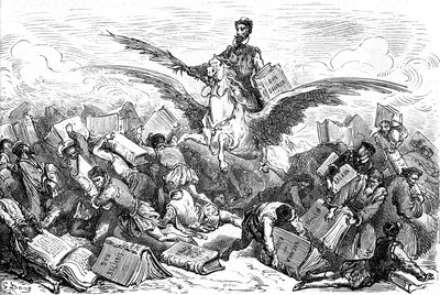 Az író Cervantes szárnyas lovon (Pegase) lovagol, kezében a "Don Quijote" című könyvével és egy tollal, más írók felett repül, akik (nehezen!) a könyveiket cipelik. Gustave Dore metszete, amely a "L
