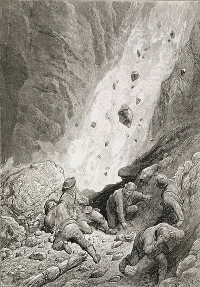 „Sziklák, sziklák és kövek tömegeit láttak, Dart Round the Corner” Edward Whymper (1840-1911) „The Ascent of the Matterhorn” című művéből, az 1860-80-as években megjelent alkotó: Gustave Dore