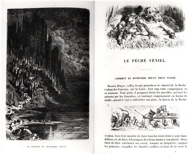 Két illusztrált oldal Honore de Balzac (1799-1850) „Les Contes Drolatiques”-ból, amelyet Heliodore Joseph Pisan (1822-90) vésett alkotó: Gustave Dore