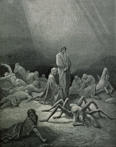 Vergilius (Kr. e. 70-19) és Dante a pókasszonyt nézik, illusztráció Dante Alighieri (1265-1321) Párizs "Isteni színjátékából" (Inferno), 1885-ben. alkotó: Gustave Dore