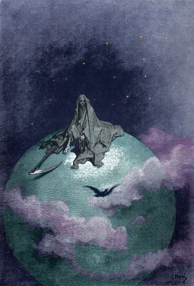 A földgömbön ülő Halál látomása hamisítványával. Illusztráció: Gustave Dore alkotó: Gustave Dore