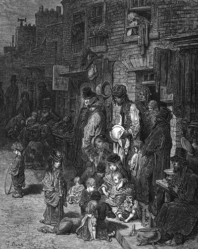 "Wentworth Street, Whitechapel", a város szegény zsidó negyedében: Gustave Dore és Blanchard Jerrold Londonból: A Pilgrimage London 1872. Fametszet alkotó: Gustave Dore