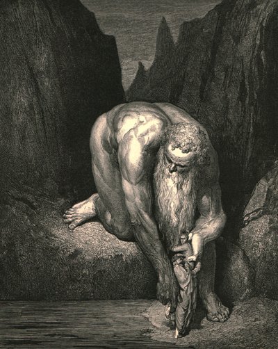 Mégis a mélységbe, az a Lucifer Júdásszal mélyen elnyel minket, könnyedén elhelyezett minket, 1890. alkotó: Gustave Dore