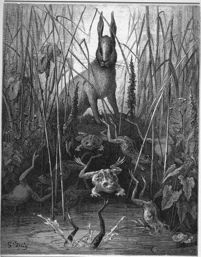 the hare and the frog - The Hares and the Frogs - from "Fables" by Jean de La Fontaine alkotó: Gustave Dore