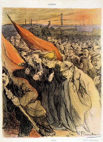 Ívelt tömeg vörös zászlókkal, Flaschoën „” La Grève”, deb. 20. sz. alkotó: Gustave Flasschoen