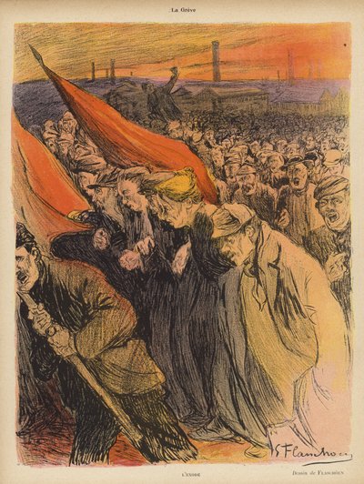 Ipari sztrájk: The Exodus, 1902 körül (színes litho) alkotó: Gustave Flasschoen