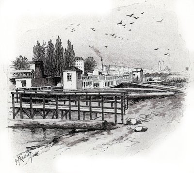 Vízibuszok (ingázó hajók) javítóműhelyek a Szajna folyón Párizsban Gustave Fraipont (1849-1923) rajza Saint Judges „La seine a travers Paris” című művéből merít alkotó: Gustave Fraipont