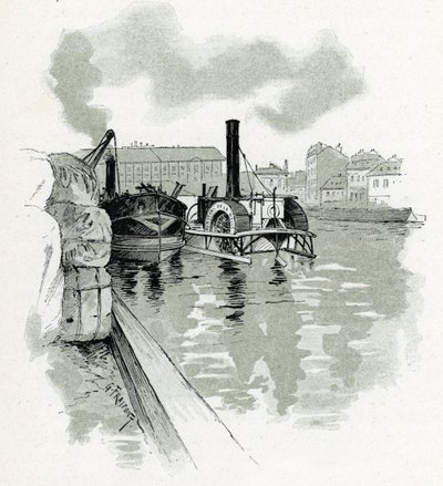 Hajók kikötése a párizsi La Villette kikötőjében (Csónakok La Villette kikötőjében, Párizs) Gustave Fraipont (1849-1923) rajza Saint-Juirs „La seine a travers Paris” című művéből alkotó: Gustave Fraipont