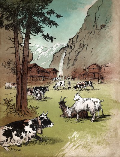 Farm és táj a svájci Alpokban, 1910 körül (illusztráció) alkotó: Gustave Fraipont