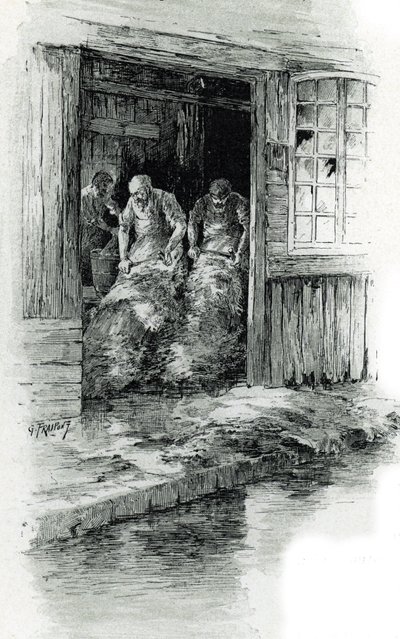 Megissiers de la rue des gobelins Párizsban (Tímárok bőrrel és állatbőrökkel dolgoznak a rue des Gobelins-en, Párizs) Gustave Frainpont (1849-1923) rajza Saint-Juirs „La seine a travers Paris” című művéből merít alkotó: Gustave Fraipont