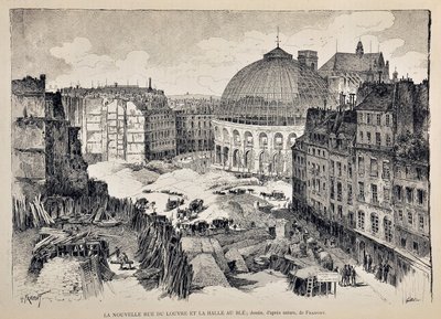 Az új Rue du Louvre és a Halle au Ble Párizsban 1887-ben. Gustave Fraipont (1849 - 1923) illusztrációja. Metszet 1887-ből a „” Paris-Illustrous folyóirat hetilapjában”. alkotó: Gustave Fraipont