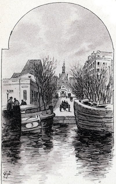 Kilátás a párizsi Saint-Louis kórházra a Saint-Martin csatornáról, Párizs Gustave Fraipont (1849-1923) rajza Saint-Juirs „La seine a travers Paris” című művéből” alkotó: Gustave Fraipont