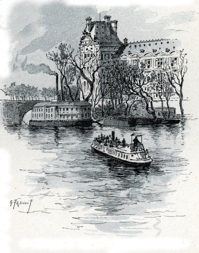 Kilátás a Pavillon de Flore-re, Palais du Louvre-ra, a Quai Voltaire-ből, Párizs (A Louvre-palota Pavillon de Flore részlege a quai Voltaire-ből, Párizs) Gustave Fraipont (1849-1923) rajza Saint-Juirs-ból alkotó: Gustave Fraipont