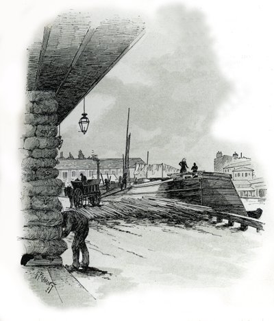 Kilátás a párizsi La Villette kikötő hangárjaira (La Villette kikötőjének csónakházai és fészere, Párizs) Gustave Fraipont (1849-1923) rajza Saint-Juirs „La seine a travers Paris” című rajzából alkotó: Gustave Fraipont