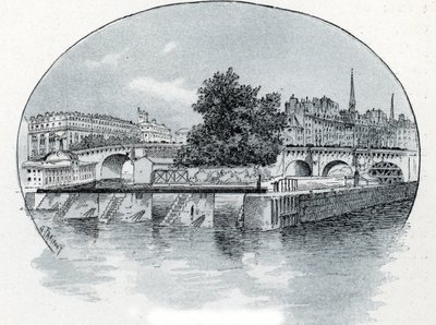 Kilátás a Monnaie zsilipjére, a párizsi Hotel des Monnaie előtt Gustave Fraipont (1849-1923) rajza Saint-Juirs „La seine a travers Paris” című művéből. alkotó: Gustave Fraipont