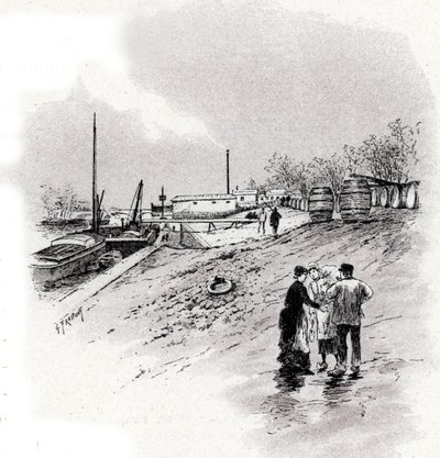 Kilátás a Szajna partjára és a quai Saint-Bernard-ra, Párizs Gustave Fraipont (1849-1923) rajza Saint-Juirs „La seine a travers Paris” című művéből merít alkotó: Gustave Fraipont