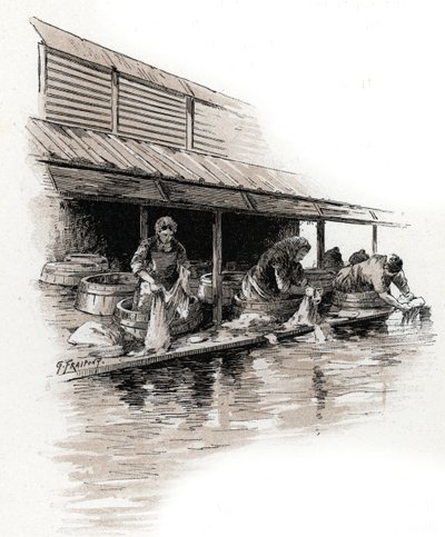 Mosók a quai de Valmy-n, Saint-Martin csatorna partján, Párizs Gustave Fraipont (1849-1923) rajza Saint-Juirs „La seine a travers Paris” című művéből rajzol alkotó: Gustave Fraipont