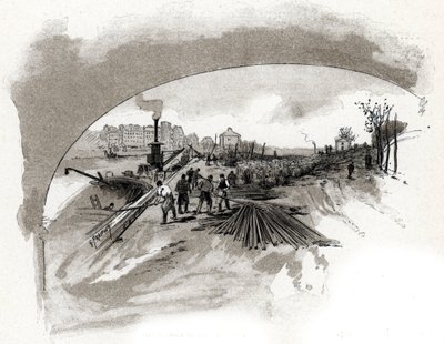 dechargement du fer sur le quai Saint Bernard a Paris (Vasbokrok a szajna partján a párizsi Saint-Bernard partján) Gustave Fraipont (1849-1923) rajza a „La seine a travers Paris”-ból merít. Saint-Juirs alkotó: Gustave Fraipont