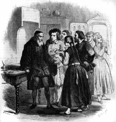A genfiek elhozzák az óráikat Zachariusnak. Illusztráció: „Zacharius mester vagy az órásmester, aki elvesztette lelkét”, Jules Verne (1828-1905) fantasy mese. Gustave Janet metszet alkotó: Gustave Janet