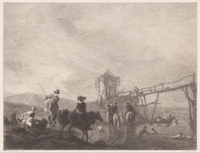 Pihenő és úszó figurák a parton Die pferdetränke (cím a tárgyon) alkotó: Gustave Marie Greux