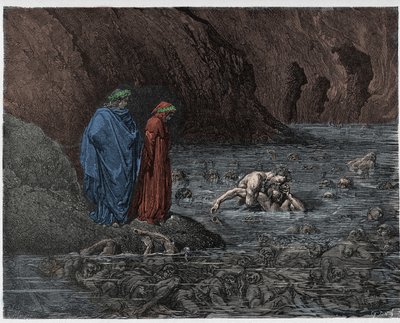 Inferno, 32. ének: Ugolino (Ugolin della Gherardesca) rágja Ruggieri érsek (Ruggeri Ubaldini) fejét, illusztráció Dante Alighieri Isteni színjátékából, 1885 (digitálisan színezett és alkotó: Gustave after Dore