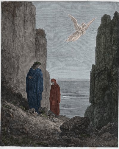 Purgatorio, 19. ének: A költők felmennek az ötödik körbe, illusztráció Dante Alighieri Isteni színjátékából, 1885 (digitálisan színes metszet) alkotó: Gustave after Dore