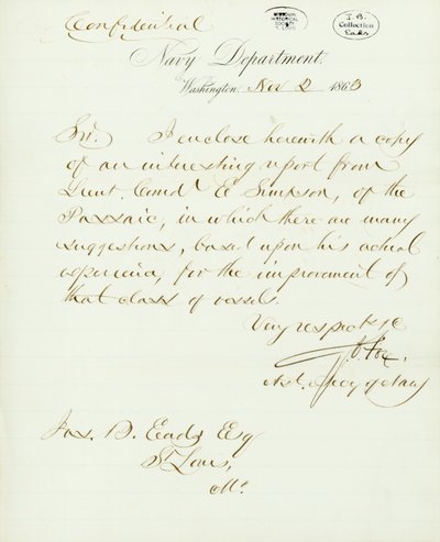 Levél aláírva G.V. Fox, Washington haditengerészeti osztálya, Jas -hoz. B. Eads [James B. Eads], St. Louis, Mo., 1863. november 2 alkotó: Gustavus Vasa Fox