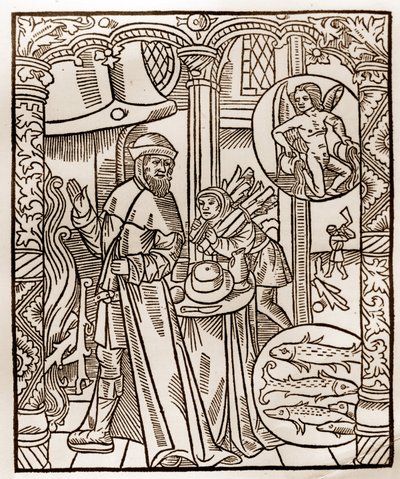 Pásztornaptár – A hónapok munkája – február – Guy Marchant (Guido Mercator) által Troyes-ban nyomtatott 1496-os könyvből fametszet – Fametszet a „” Le grand Calendrier et compost des shepherds”-ben” alkotó: Guy Marchant