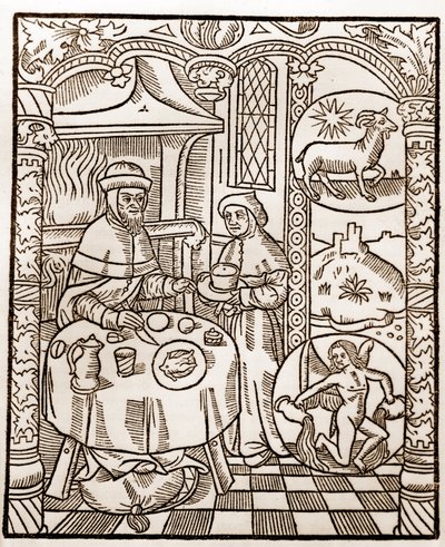 Pásztornaptár – A hónapok munkája – január – Guy Marchant (Guido Mercator) által Troyes-ban nyomtatott 1496-os könyvből fametszet – Fametszet a „Le grand Calendrier et compost des shepherds”-ben – alkotó: Guy Marchant