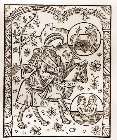 Pásztornaptár - A hónapok munkája - május - Fametszet a Guy Marchant (Guido Mercator) által Troyes-ban nyomtatott 1496-os könyvből - Fametszet a „Le grand Calendrier et compost des shepherds”-ben - alkotó: Guy Marchant