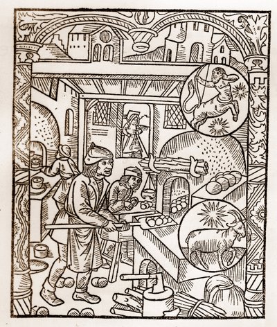 Pásztornaptár – A hónapok munkája – november – Guy Marchant (Guido Mercator) által Troyes-ban nyomtatott 1496-os könyvből fametszet – Fametszet a „” Le grand Calendrier et compost des shepherds”-ben” – Kenyérsütő alkotó: Guy Marchant
