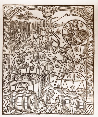 Pásztornaptár - A hónapok munkássága - október - Fametszet a Guy Marchant (Guido Mercator) által Troyes-ban nyomtatott 1496-os könyvből - Fametszet a "" Le grand Calendrier et compost des shepherds" -ben" - A betakarítás - és a állatöv: a alkotó: Guy Marchant