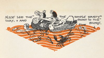 Illusztráció Alice és az állatok úszásáról a "Könnyek tava" című könyvből. Az állatok között van egy dodó, egy egér, egy majom, egy hal, egy rák, egy mókus és egy kacsa. alkotó: Gwynedd M. Hudson