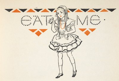 Alice illusztrációja egy kis tortával, rajta az "Eat Me" felirat. alkotó: Gwynedd M. Hudson