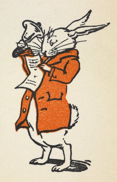 Illusztráció a fehér nyúlról piros kabátban, amint egy nagy harangot kongat, és felolvas alkotó: Gwynedd M. Hudson