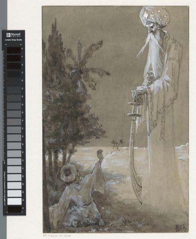 Magas, szakállas férfi lenéz egy ülő fiúra alkotó: H.C. Louwerse (signed by artist)