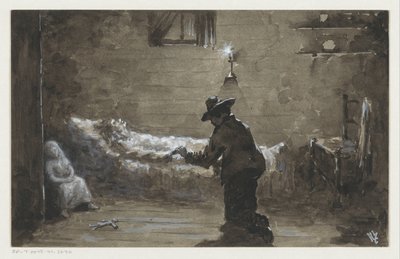 Férfi letérdel egy női ágy mellett alkotó: H.C. Louwerse (signed by artist)
