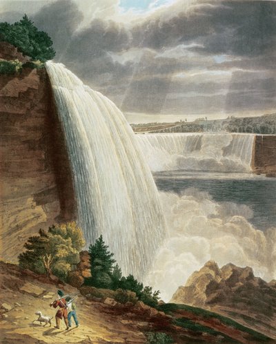 Niagara-vízesés, az amerikai vízesés része a lépcső lábától, metszett J. Hill, kocsma. H.L.Megarcy (színes metszet) alkotó: H.J. Bennett