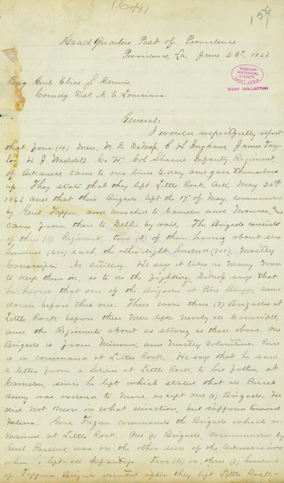 Levél H. T. Reidtől, székhely, Providence Post, Louisiana, Elias S. Dennis dandártábornokhoz, 1863. június 22. alkotó: H.T. Reid