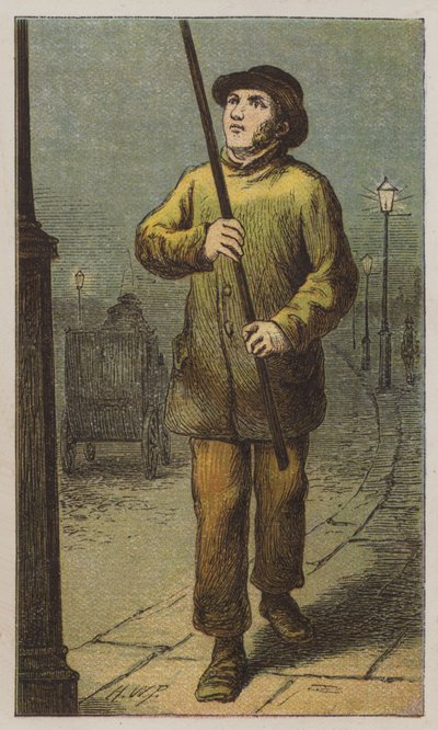 Lámpagyújtó (színes litho) alkotó: H.W. (after) Petherick