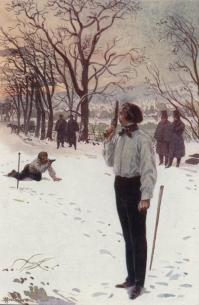 Henri mozdulatlanul állt és pisztolyával eltakarta az arcát, és várt (színes litho) alkotó: H. Delaspre