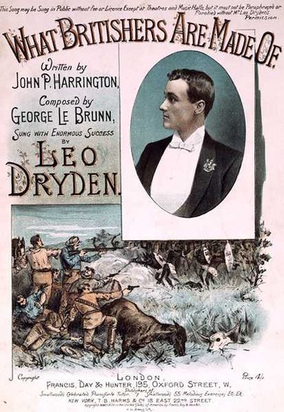 A John P. Harrington által írt és George le Brunn által komponált "What Britishers Are Made Of" (színes litográfia) zenei borítójának előlapja. alkotó: H. G. Banks