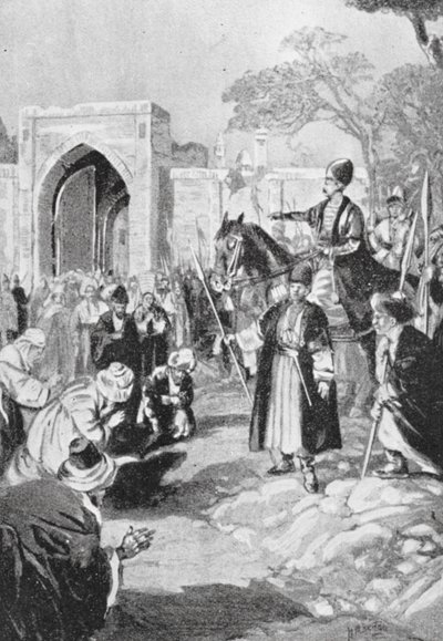 Bokhara megnyitja kapuját a mongol Ogodai kán előtt, Kr. u. 1231 (litográfia) alkotó: H. M. (after) Burton
