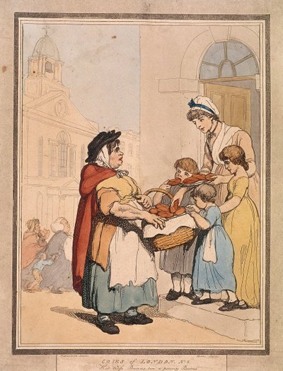 „Hot cross Bunns two a penny Bunns”, a Cries of London VIII. táblája, 1799 alkotó: H Merke